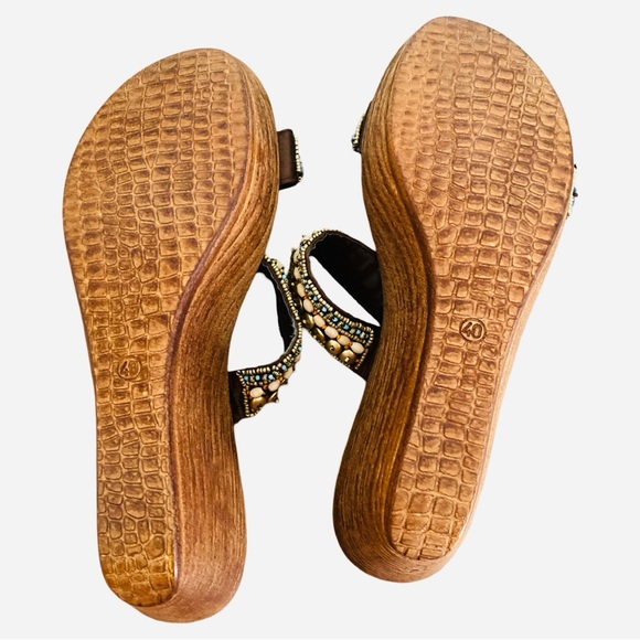 Italian Shoemakers Sandals 9 Beaded Faux Wood Boho Slides - Picture 6 of 7